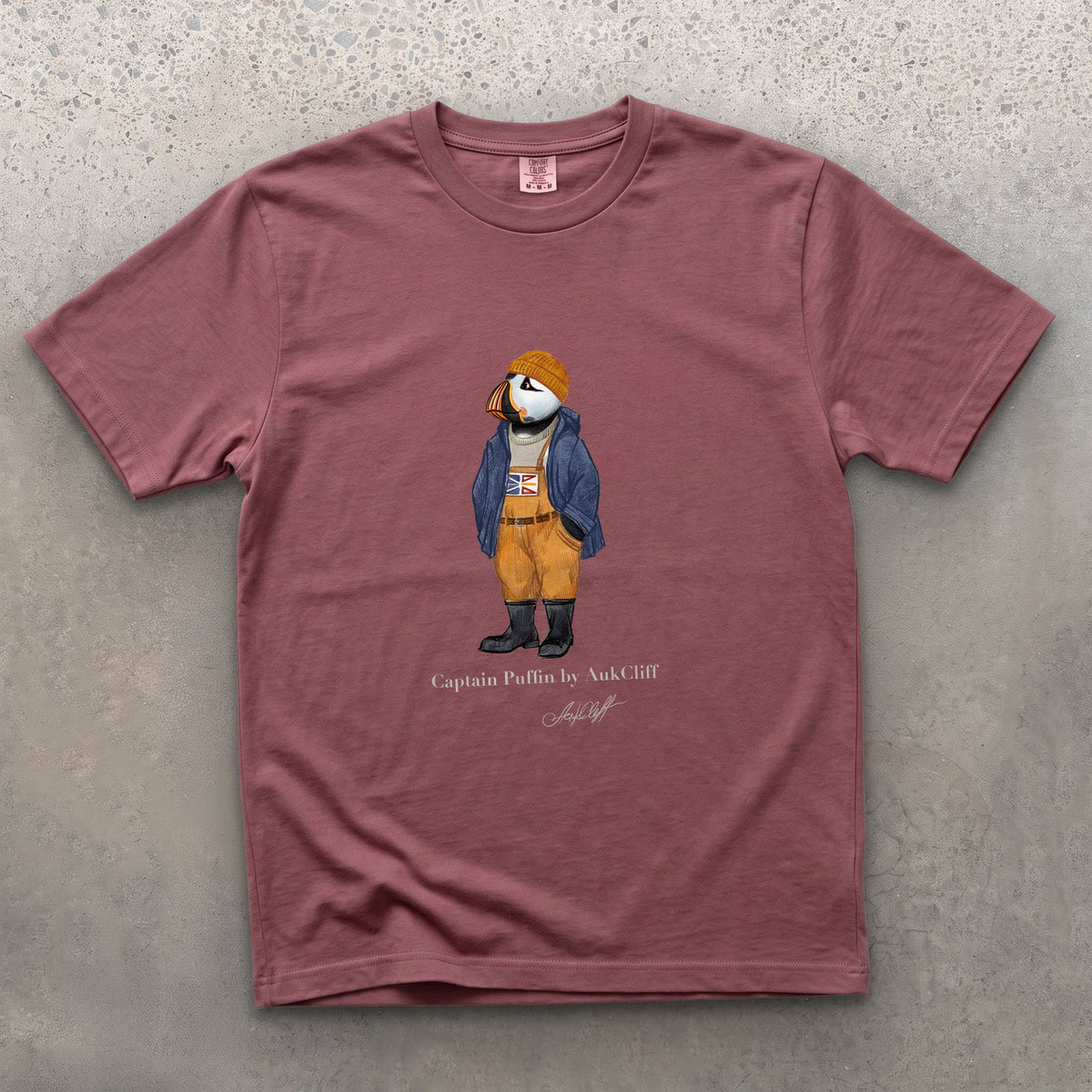 Captain Puffin Newfoundland & Labrador on a Brick Comfort Colors t-shirt