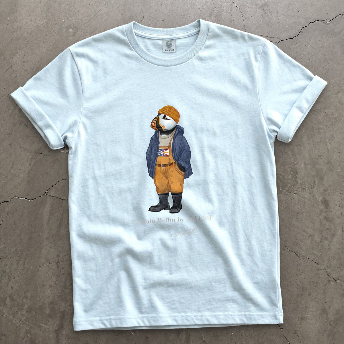 Captain Puffin Newfoundland & Labrador on a Chambray Comfort Colors t-shirt