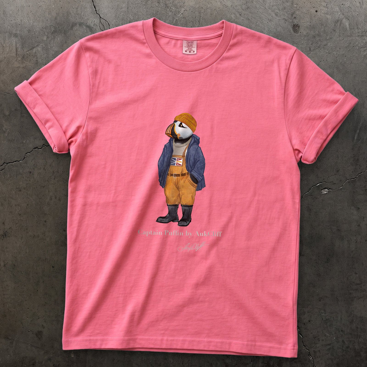 Captain Puffin Newfoundland & Labrador on a Crunchberry Comfort Colors t-shirt