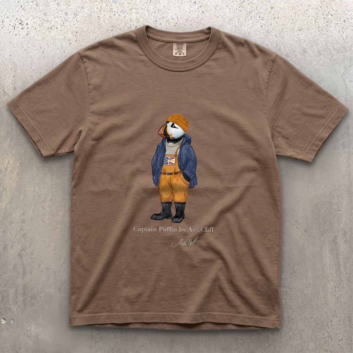Captain Puffin Newfoundland & Labrador on a Espresso Comfort Colors t-shirt