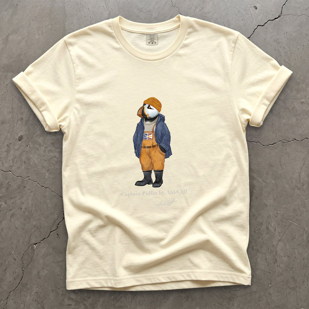 Captain Puffin Newfoundland & Labrador on a Ivory Comfort Colors t-shirt