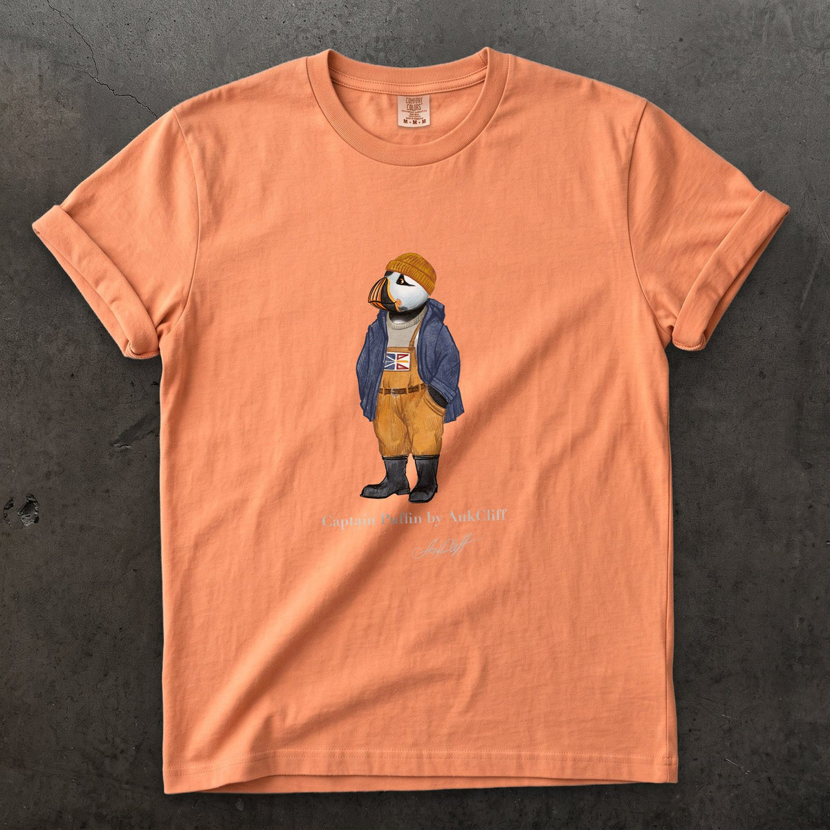 Captain Puffin Newfoundland & Labrador on a Terracotta Comfort Colors t-shirt