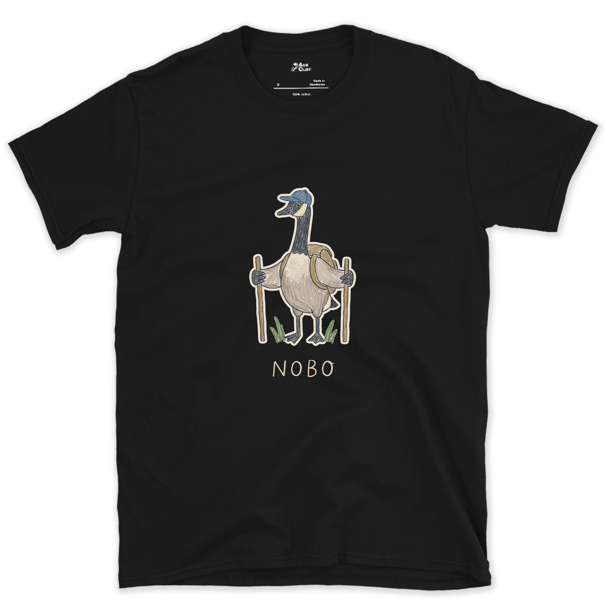 NOBO, Goose Hiker Heading North design on a Black Gildan Softstyle t-shirt