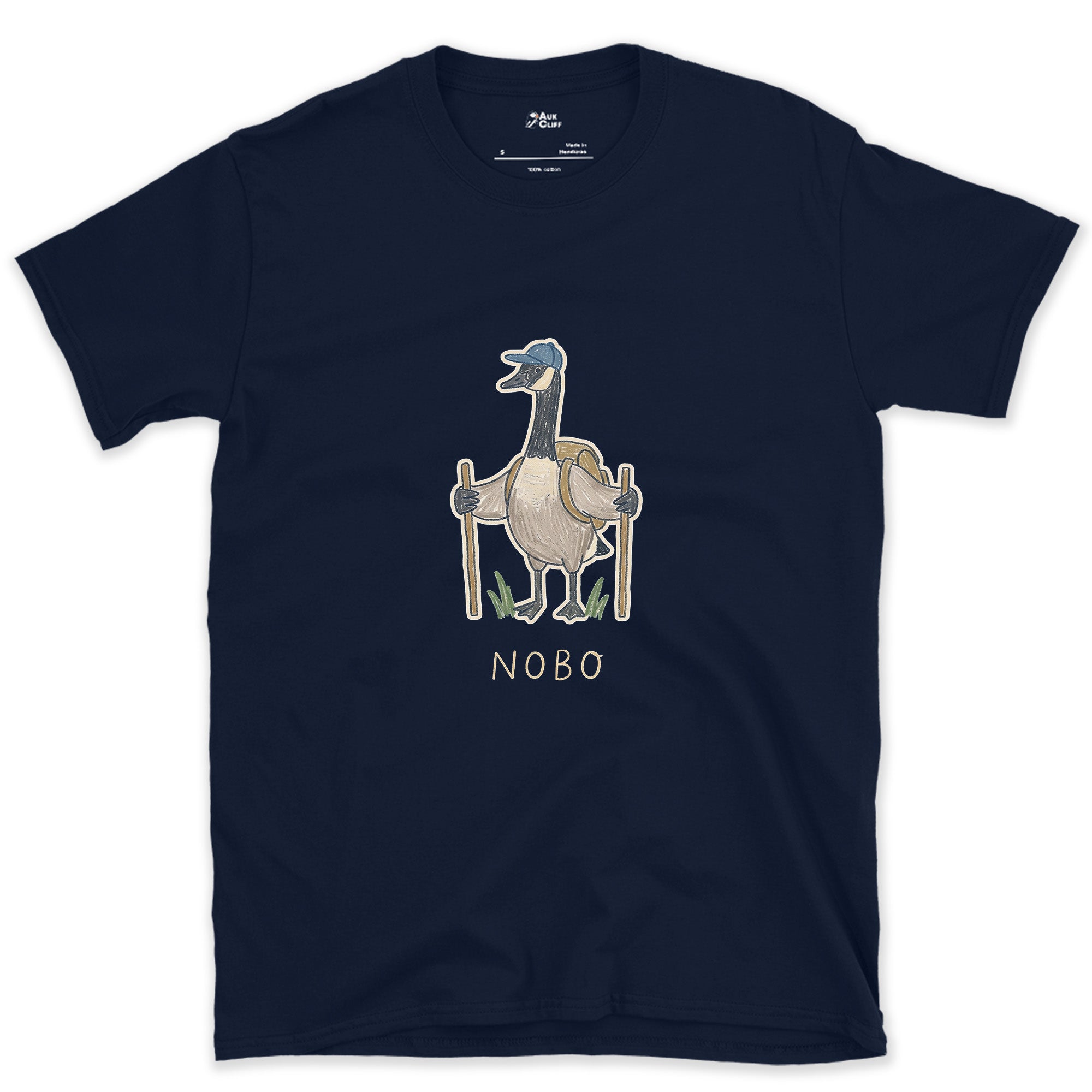NOBO, Goose Hiker Heading North design on a Navy Gildan Softstyle t-shirt