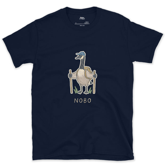 NOBO, Goose Hiker Heading North design on a Navy Gildan Softstyle t-shirt