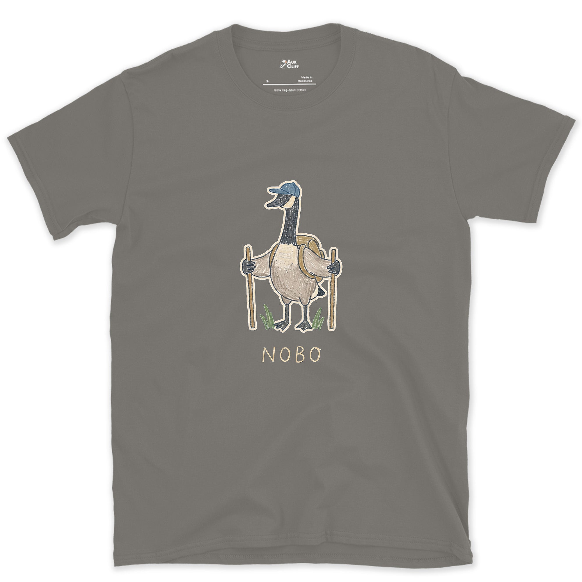NOBO, Goose Hiker Heading North design on a Charcoal Gildan Softstyle t-shirt
