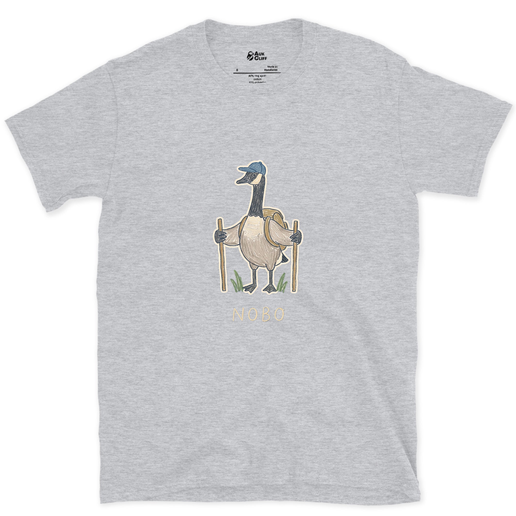 NOBO, Goose Hiker Heading North design on a Sport Grey Gildan Softstyle t-shirt