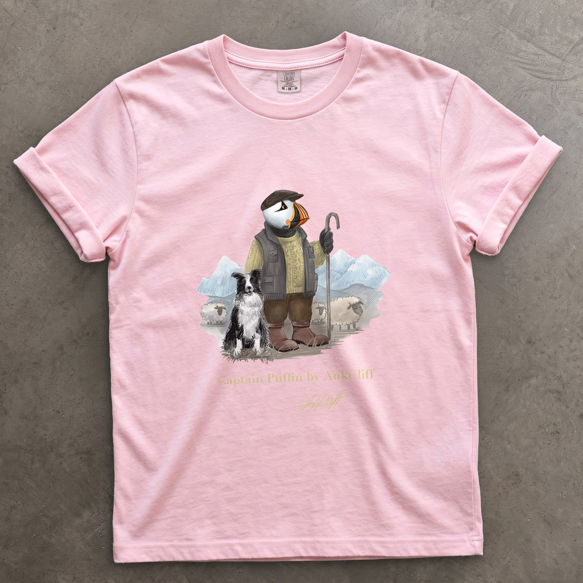 Captain Puffin The Merino Farmer on a Blossom Comfort Colors t-shirt