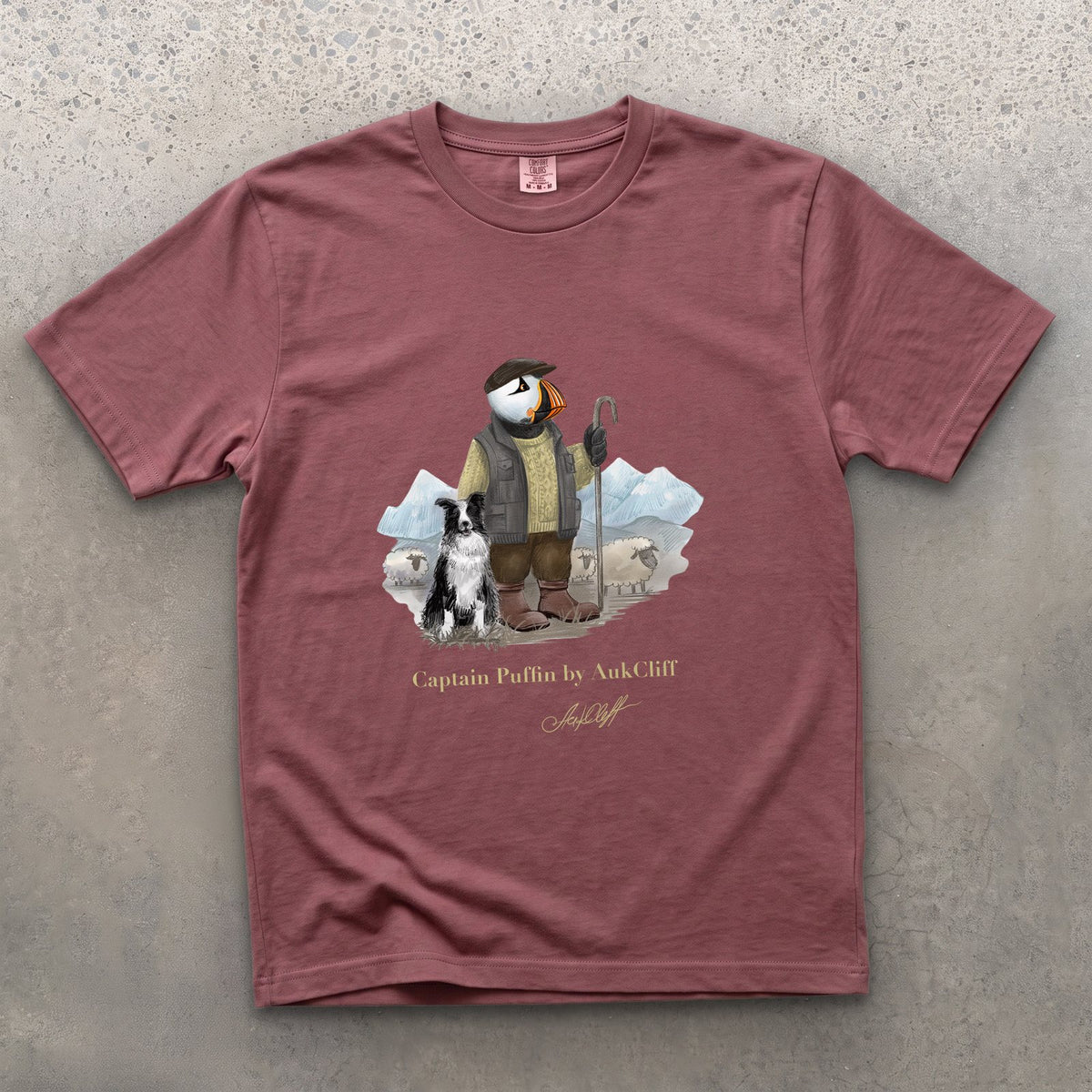 Captain Puffin The Merino Farmer on a Brick Comfort Colors t-shirt