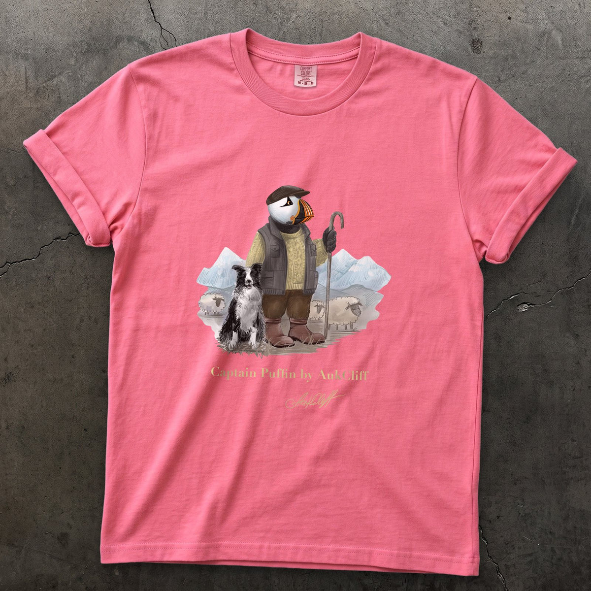 Captain Puffin The Merino Farmer on a Crunchberry Comfort Colors t-shirt