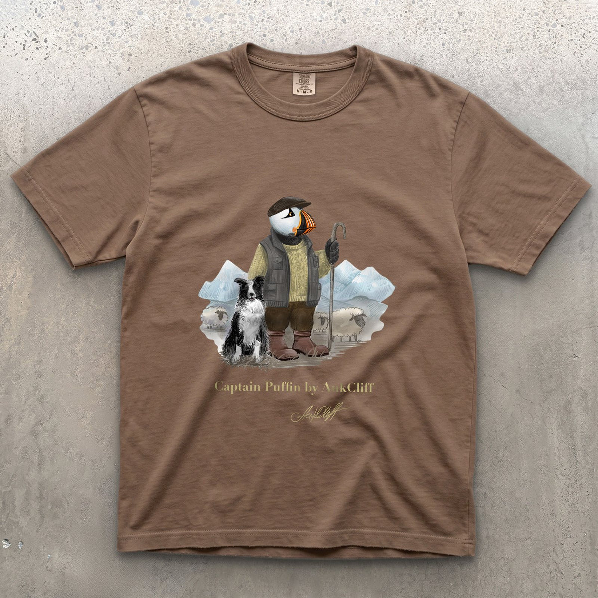 Captain Puffin The Merino Farmer on a Espresso Comfort Colors t-shirt