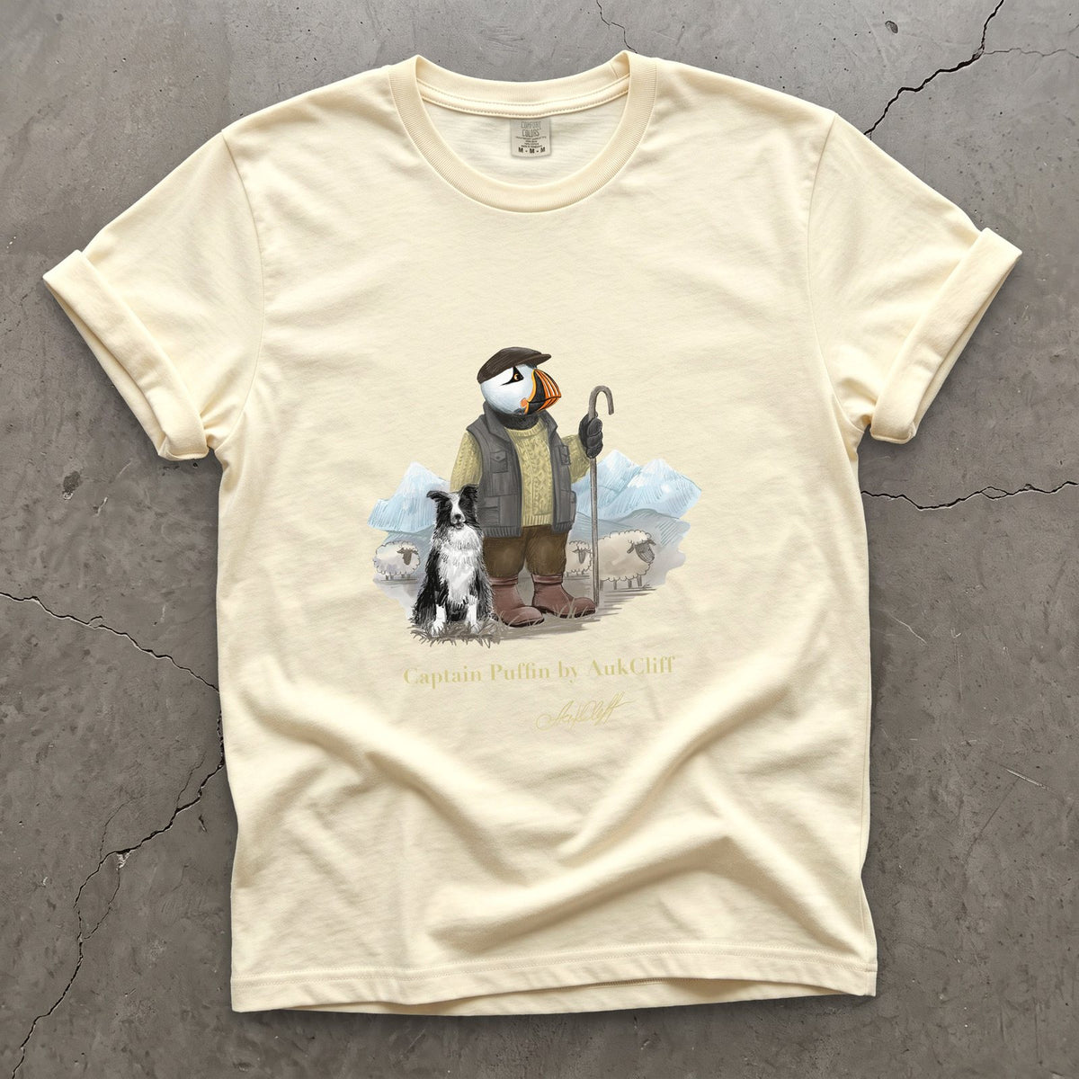 Captain Puffin The Merino Farmer on a Ivory Comfort Colors t-shirt