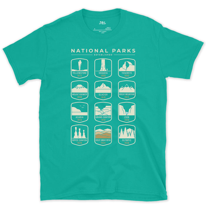 Twelve Parks Named Across One Badge Grid design on a Jade Dome Gildan Softstyle t-shirt