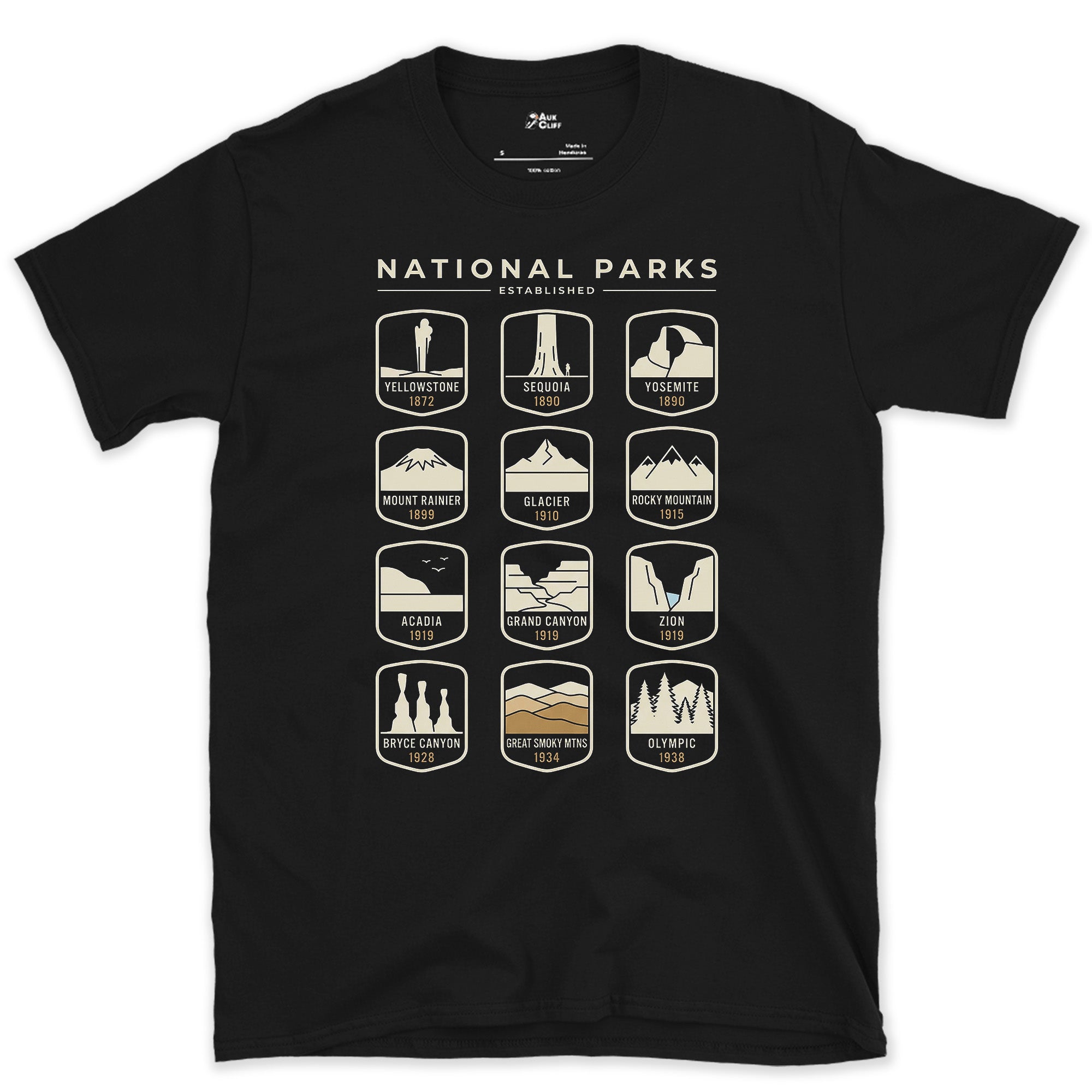 Twelve Parks Named Across One Badge Grid design on a Black Gildan Softstyle t-shirt