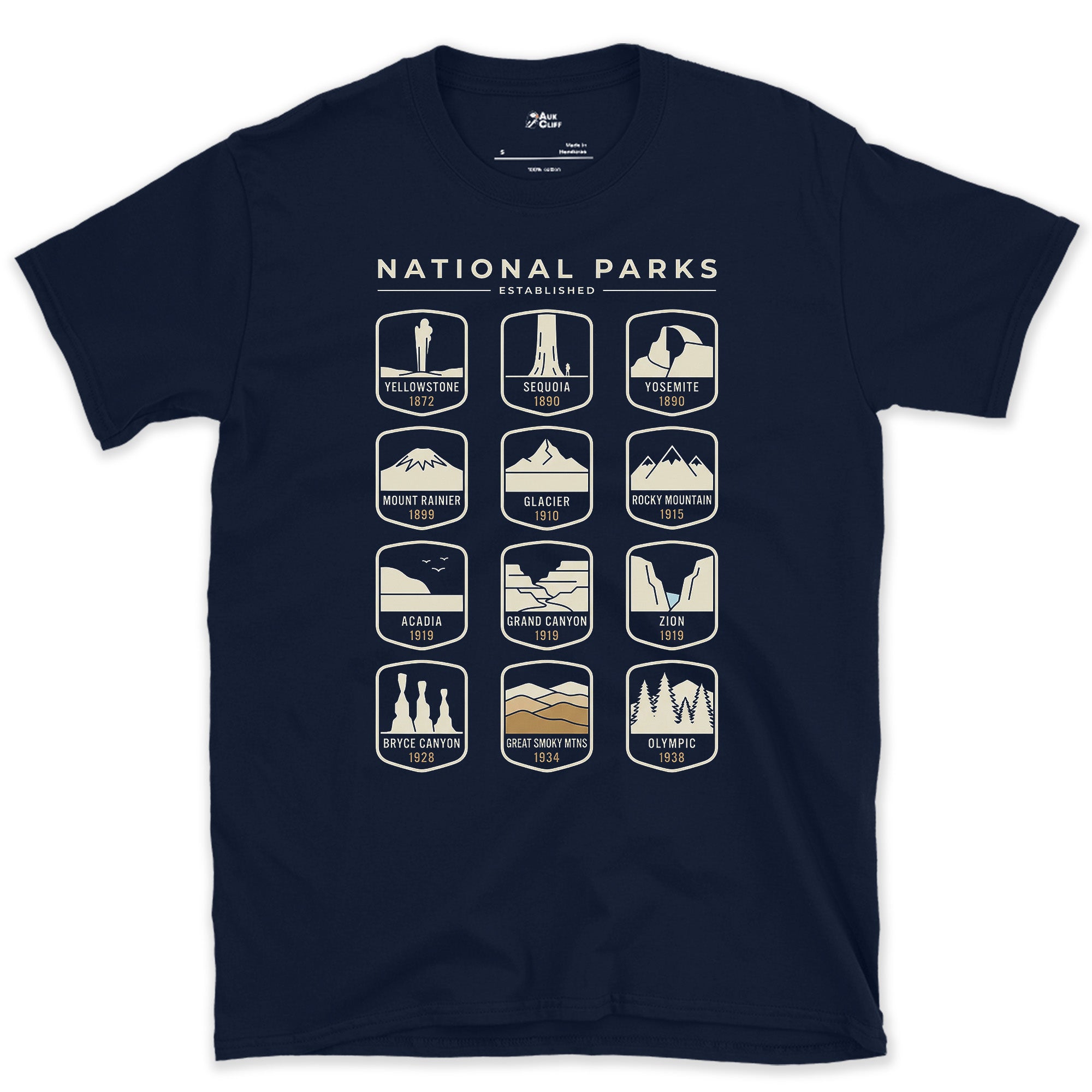 Twelve Parks Named Across One Badge Grid design on a Navy Gildan Softstyle t-shirt