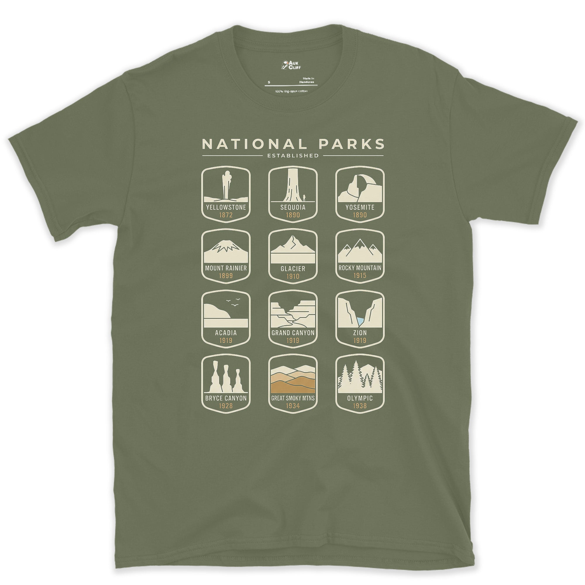 Twelve Parks Named Across One Badge Grid design on a Military Green Gildan Softstyle t-shirt