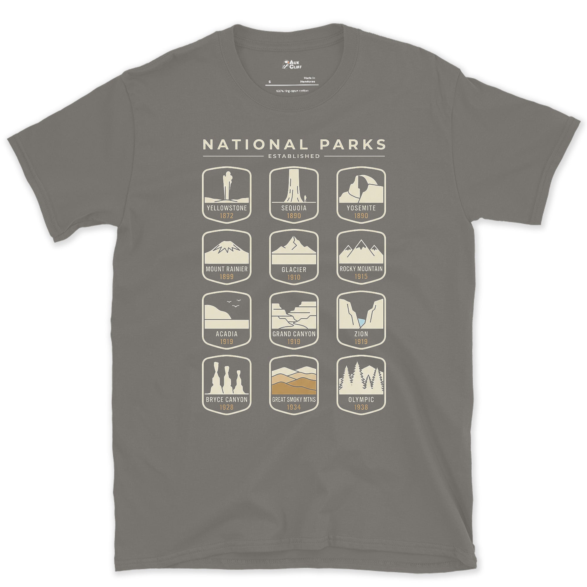 Twelve Parks Named Across One Badge Grid design on a Charcoal Gildan Softstyle t-shirt