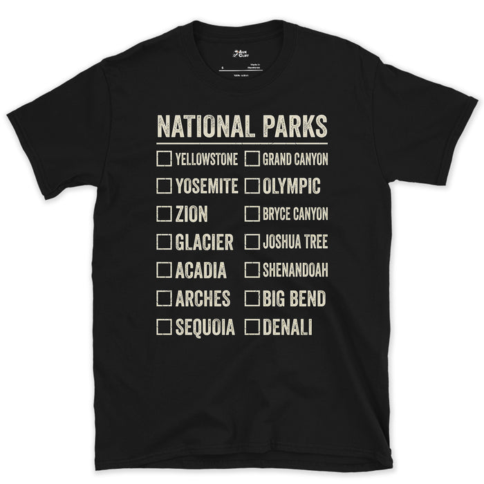 Fourteen Parks With Boxes Still to Tick design on a Black Gildan Softstyle t-shirt