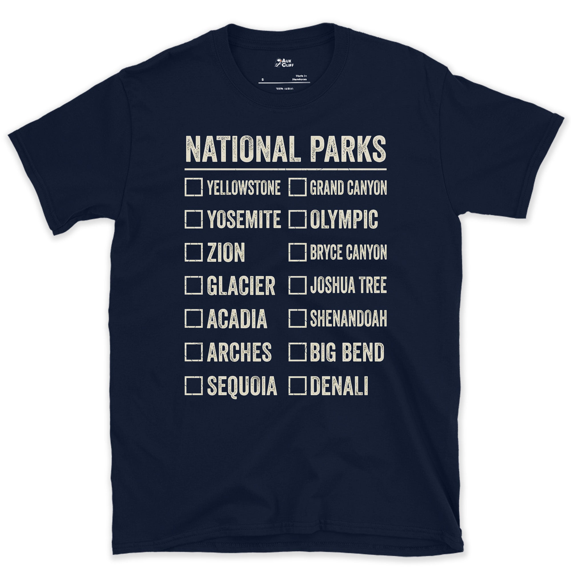 Fourteen Parks With Boxes Still to Tick design on a Navy Gildan Softstyle t-shirt