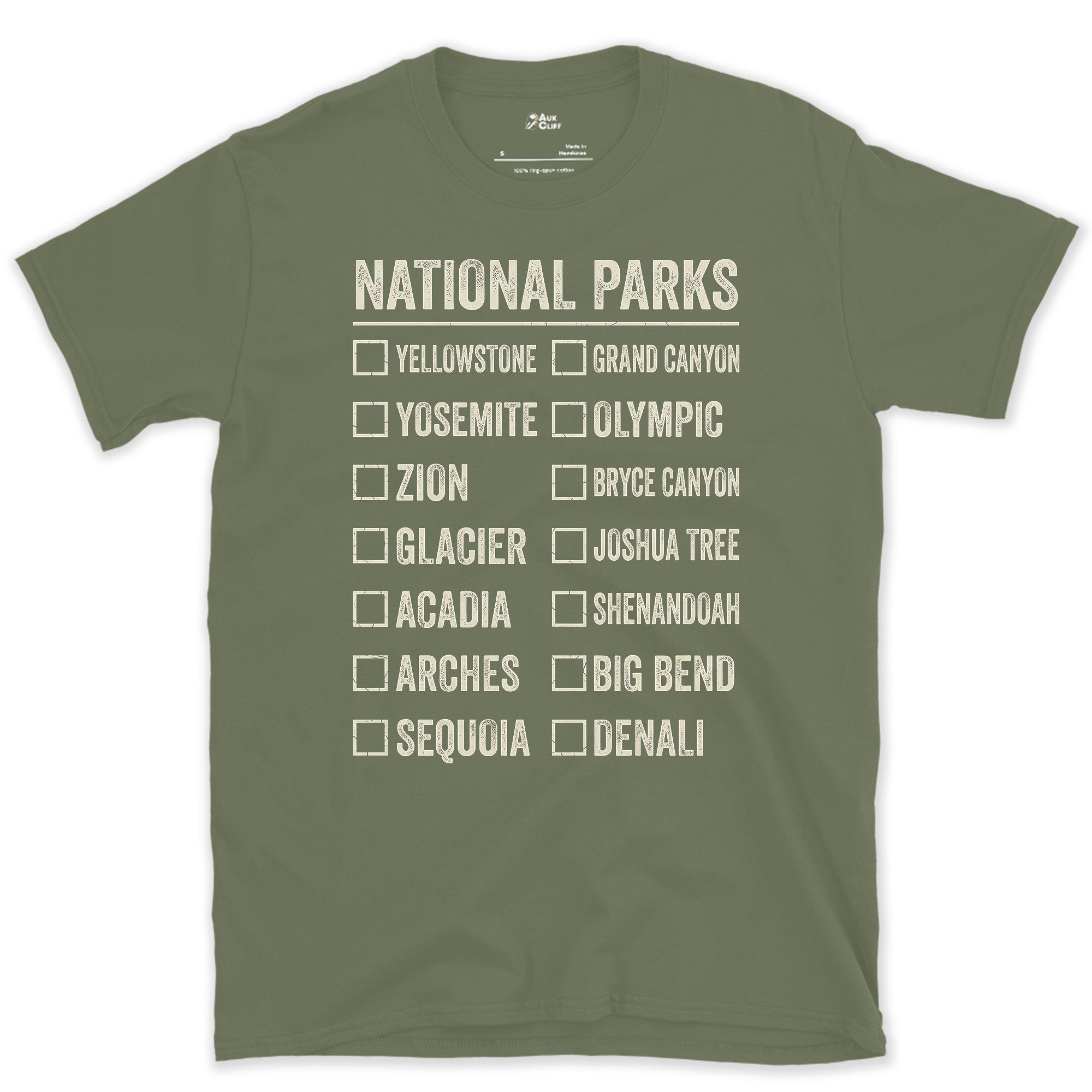 Fourteen Parks With Boxes Still to Tick design on a Military Green Gildan Softstyle t-shirt