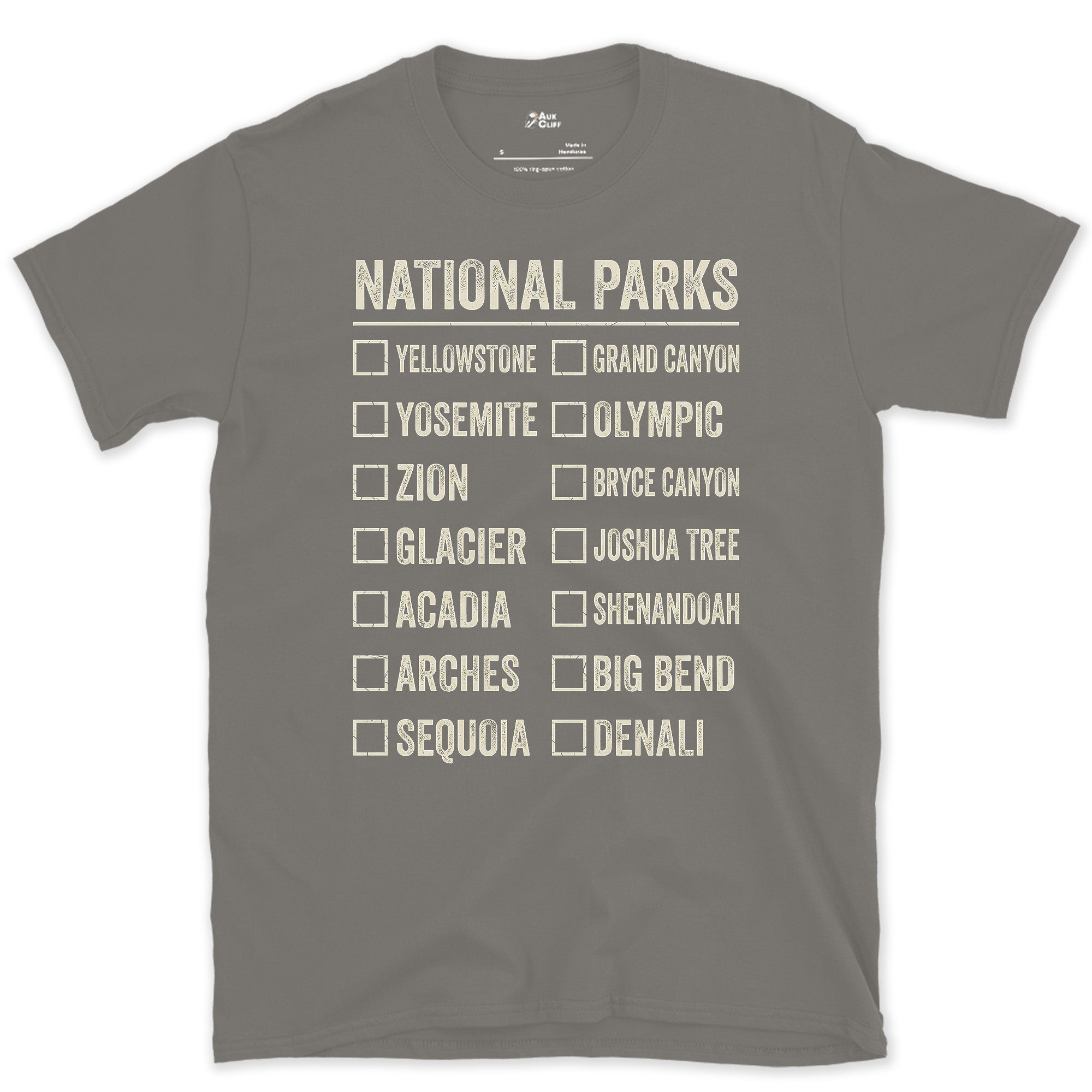 Fourteen Parks With Boxes Still to Tick design on a Charcoal Gildan Softstyle t-shirt