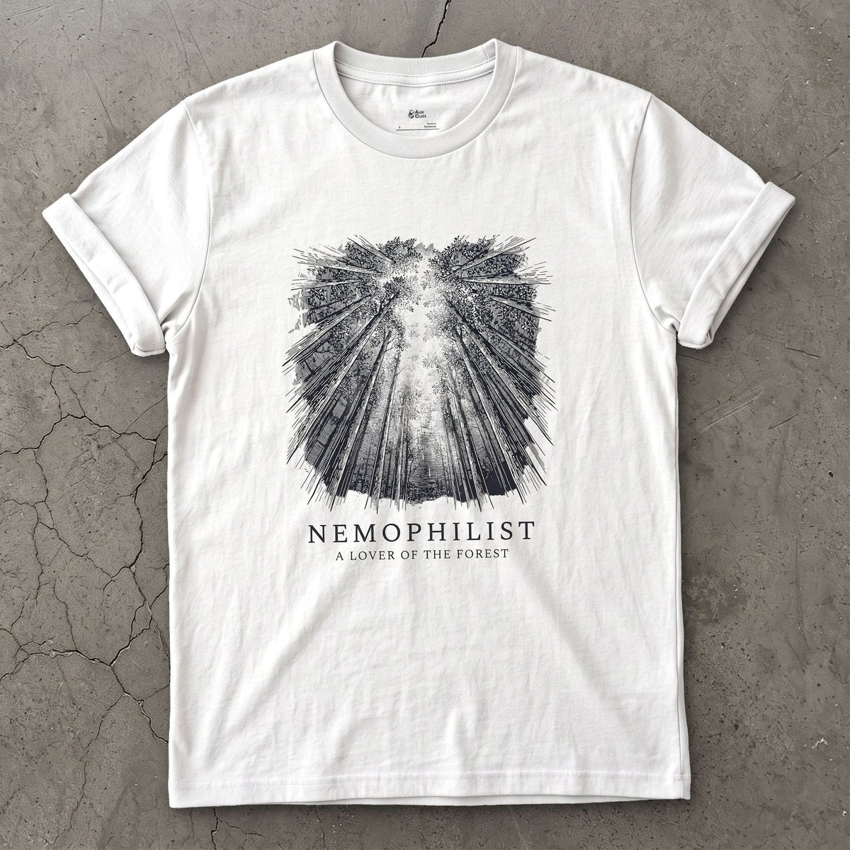 Nemophilist, a Lover of the Forest design on a White Gildan Softstyle t-shirt