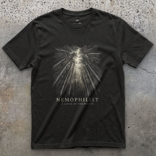 Nemophilist, a Lover of the Forest design on a Black Gildan Softstyle t-shirt