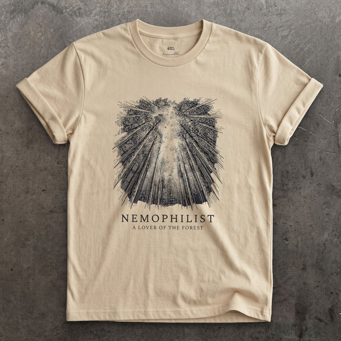 Nemophilist, a Lover of the Forest design on a Sand Gildan Softstyle t-shirt