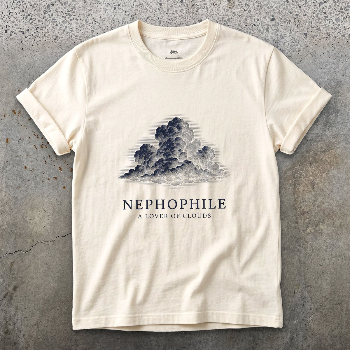 Nephophile, a Lover of Clouds design on a Natural Gildan Softstyle t-shirt