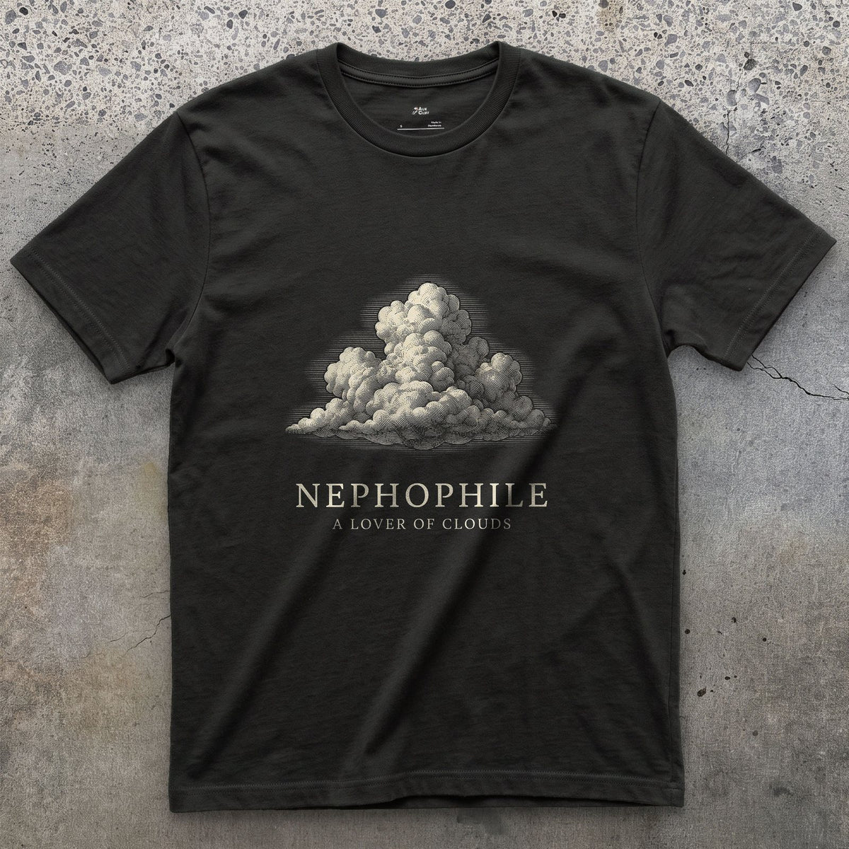 Nephophile, a Lover of Clouds design on a Black Gildan Softstyle t-shirt
