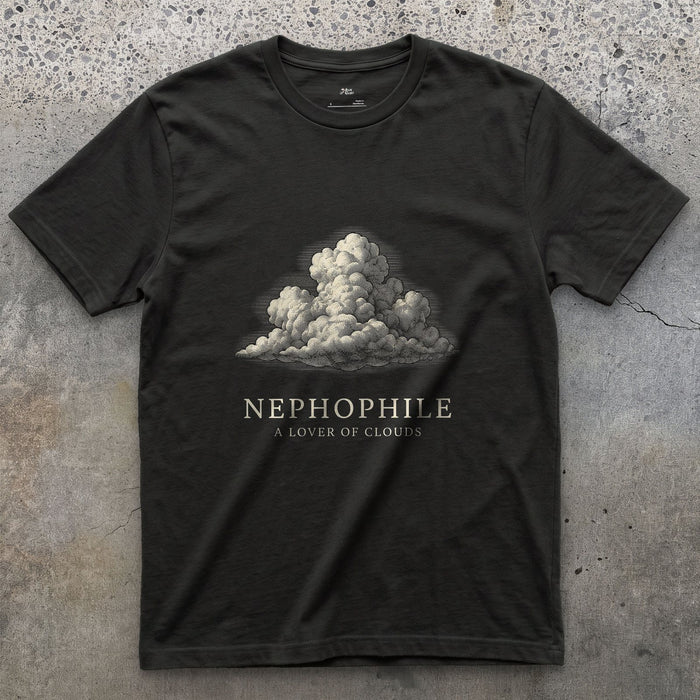 Nephophile, a Lover of Clouds design on a Black Gildan Softstyle t-shirt