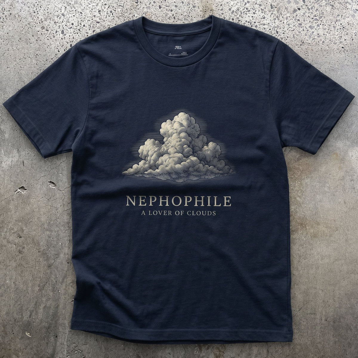 Nephophile, a Lover of Clouds design on a Navy Gildan Softstyle t-shirt