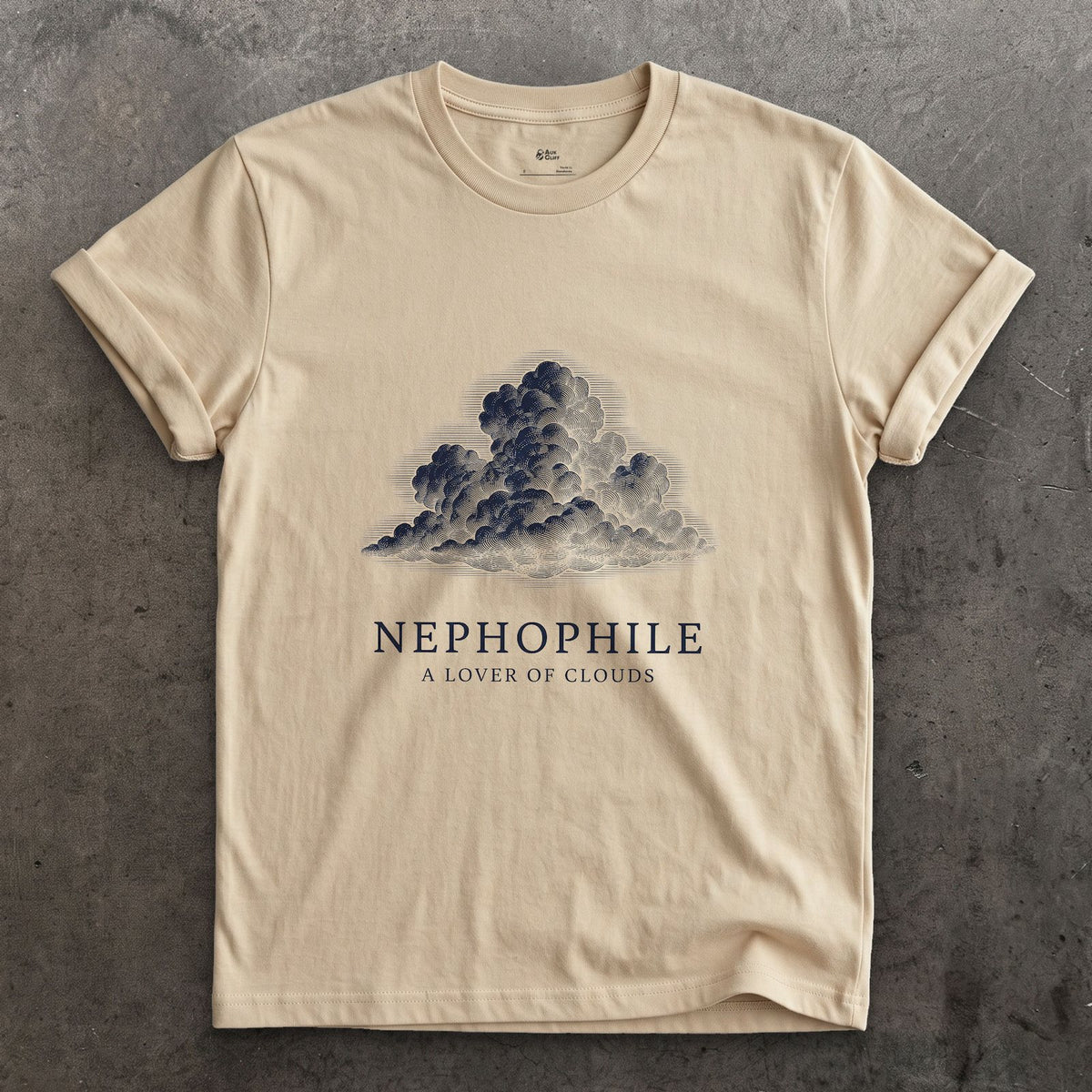 Nephophile, a Lover of Clouds design on a Sand Gildan Softstyle t-shirt