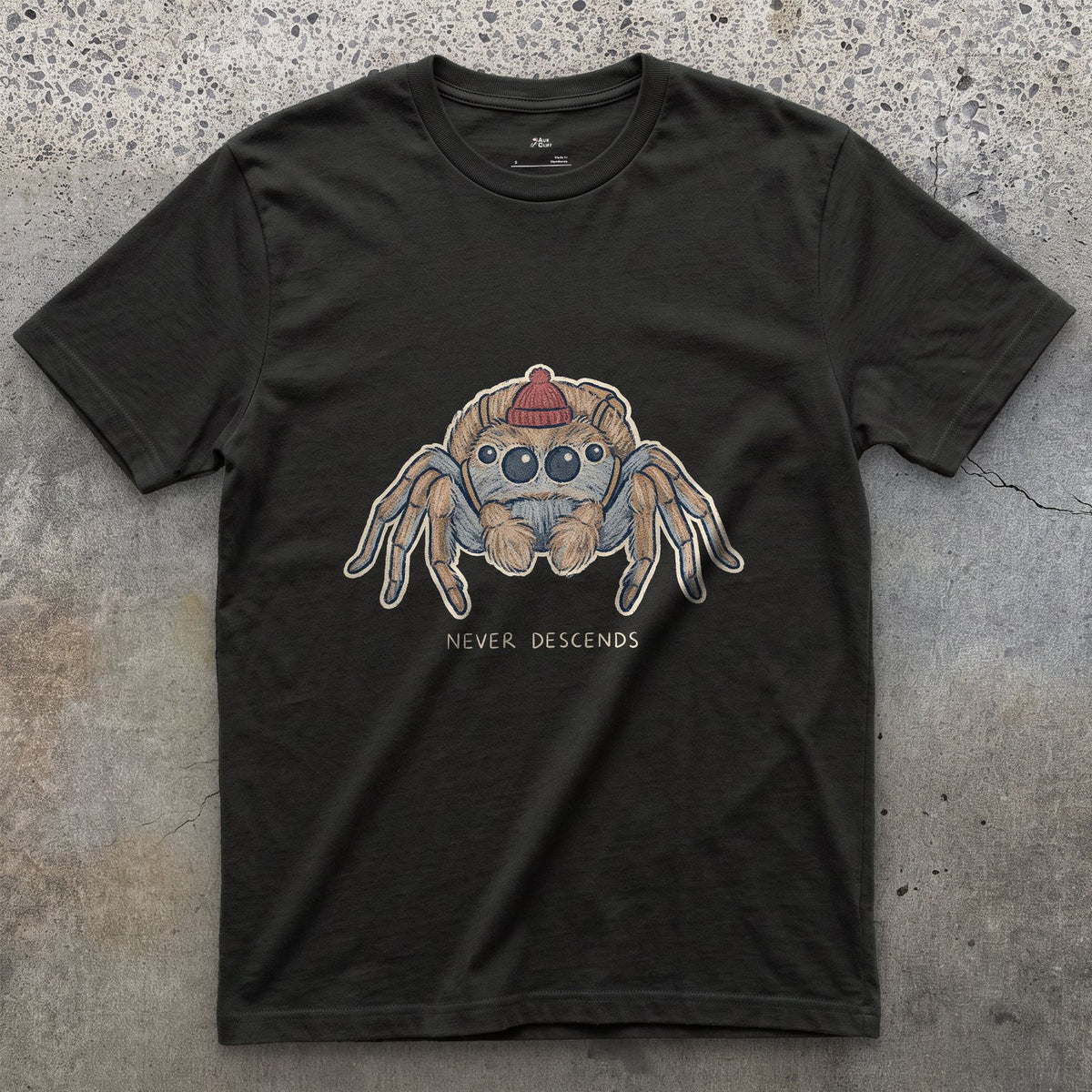 Spider, Climbs but Never Descends design on a Black Gildan Softstyle t-shirt