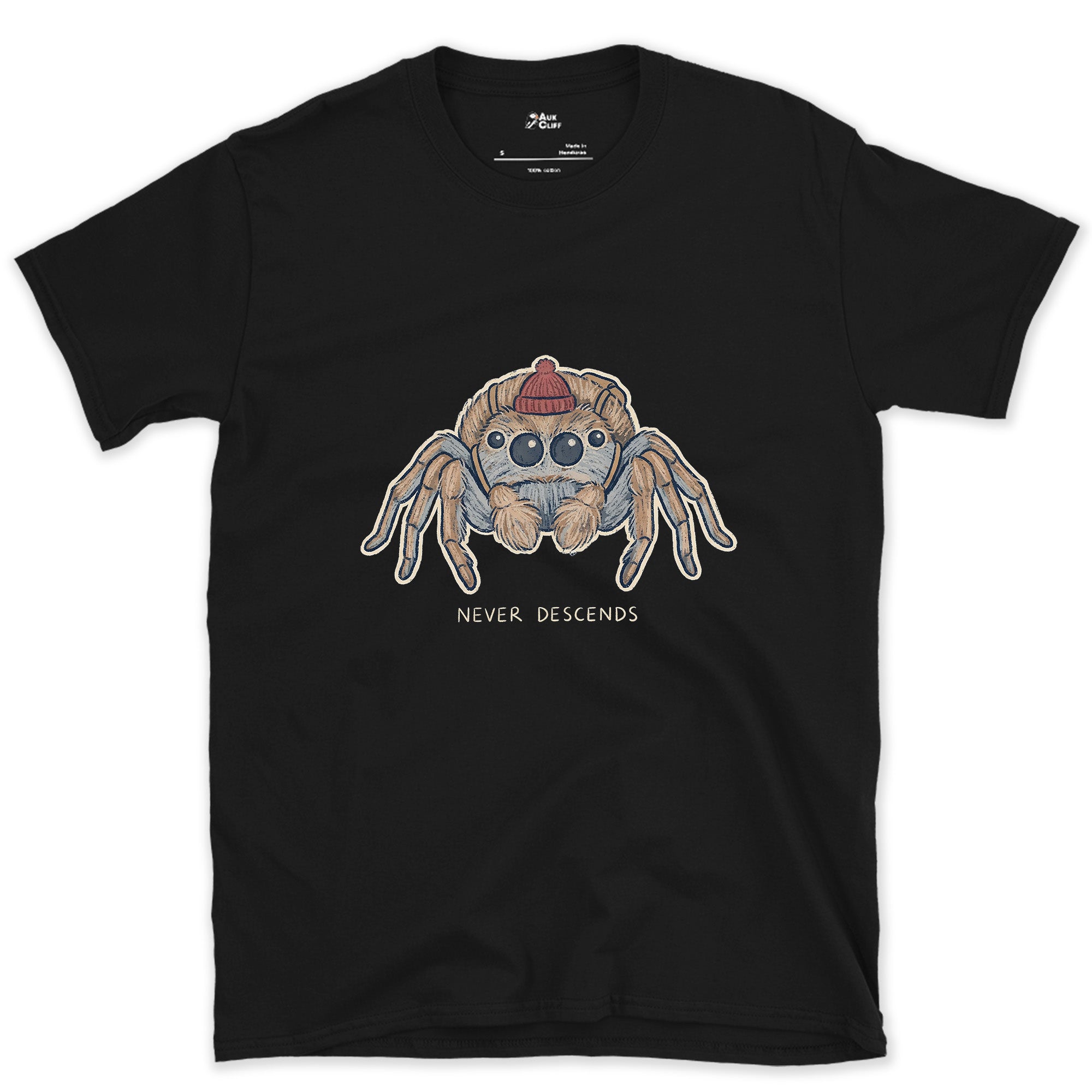Spider, Climbs but Never Descends design on a Black Gildan Softstyle t-shirt