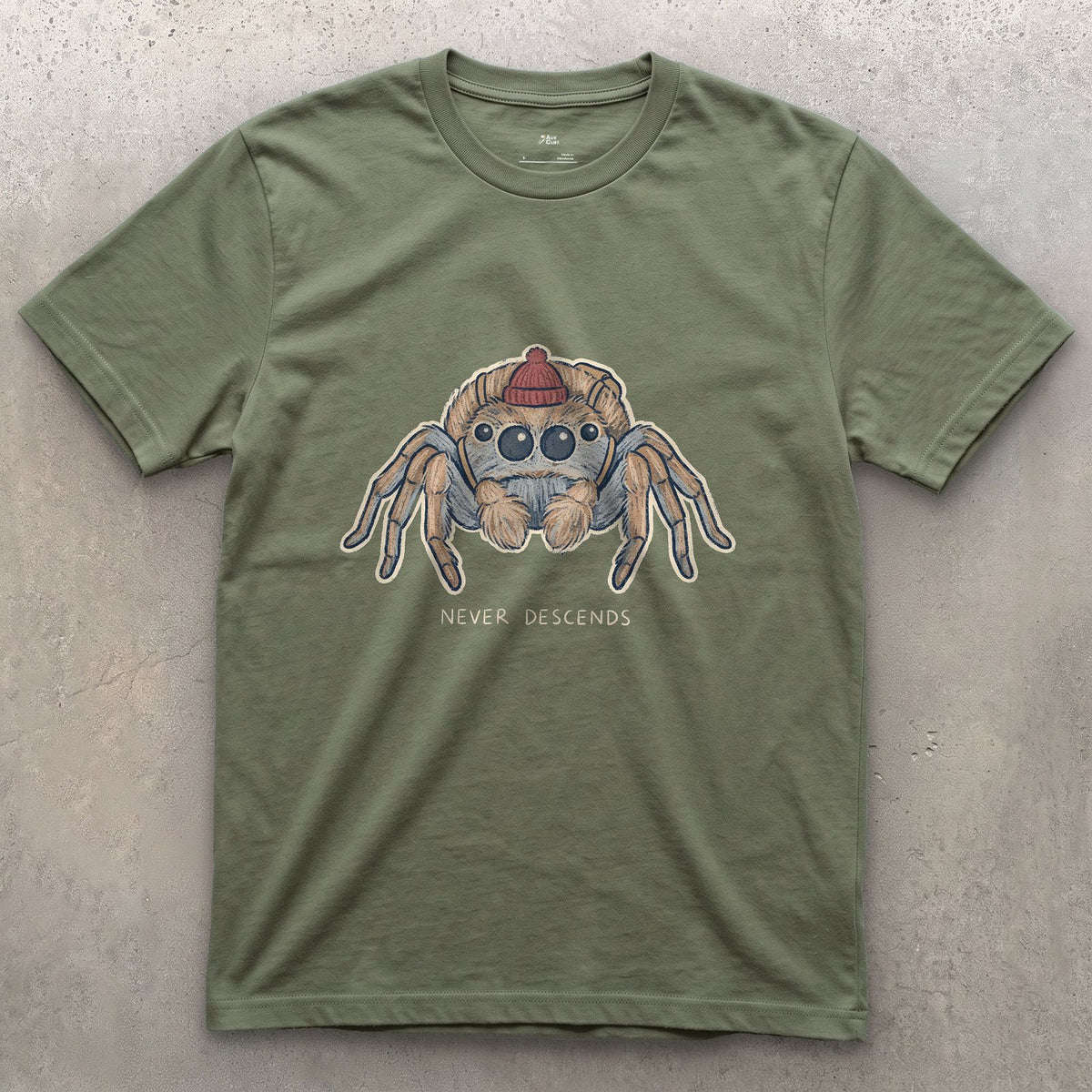 Spider, Climbs but Never Descends design on a Military Green Gildan Softstyle t-shirt