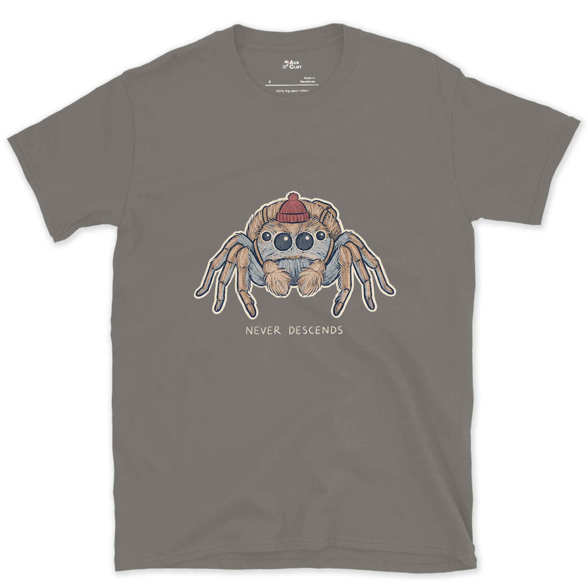 Spider, Climbs but Never Descends design on a Charcoal Gildan Softstyle t-shirt