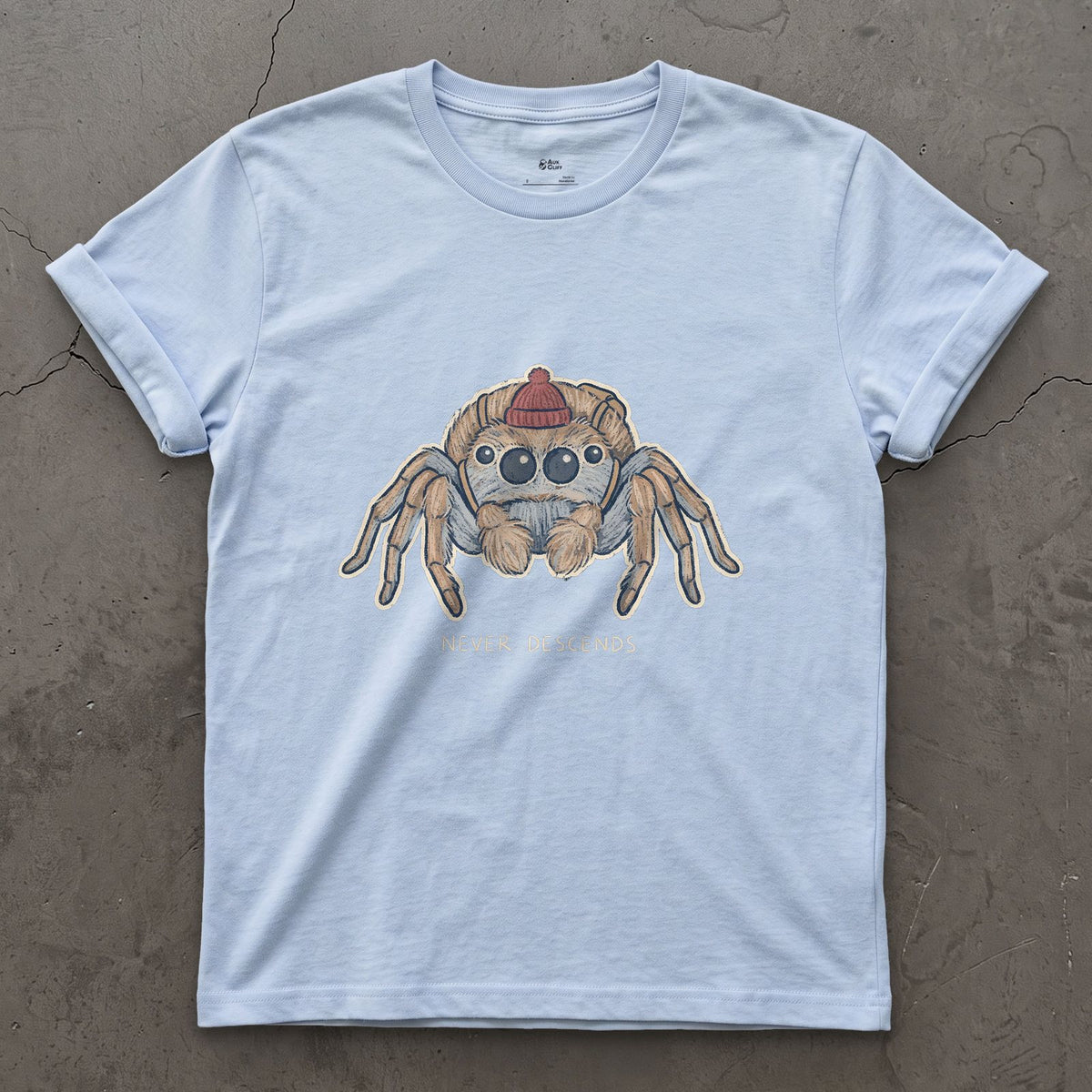 Spider, Climbs but Never Descends design on a Light Blue Gildan Softstyle t-shirt