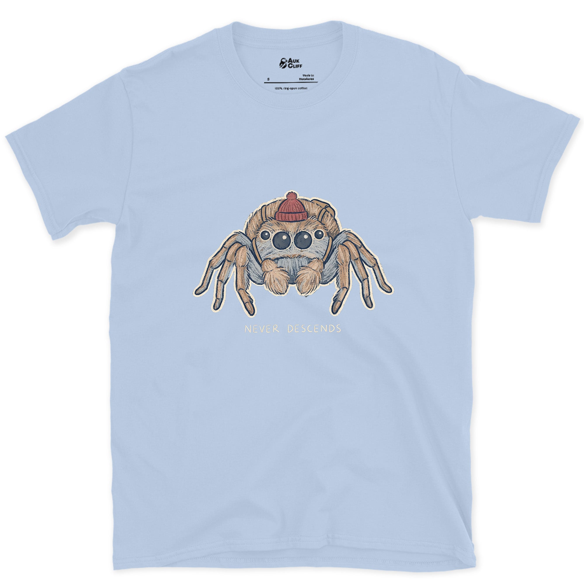 Spider, Climbs but Never Descends design on a Light Blue Gildan Softstyle t-shirt