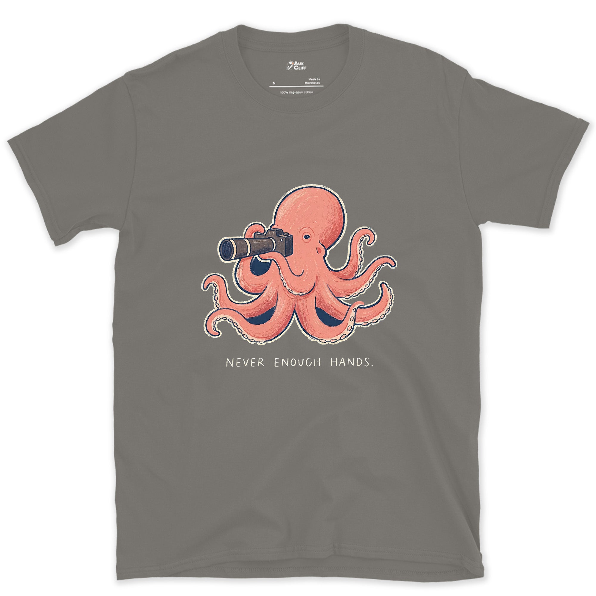 Never Enough Hands, Octopus With a Camera design on a Charcoal Gildan Softstyle t-shirt