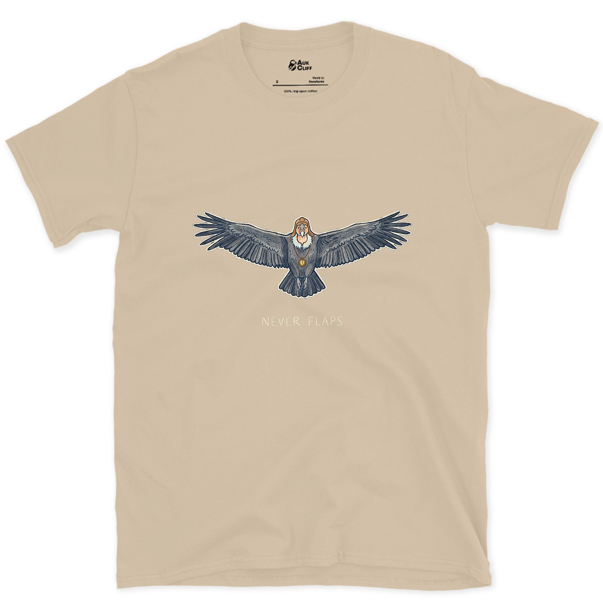Never Flaps, High Country Condor on a Thermal design on a Sand Gildan Softstyle t-shirt