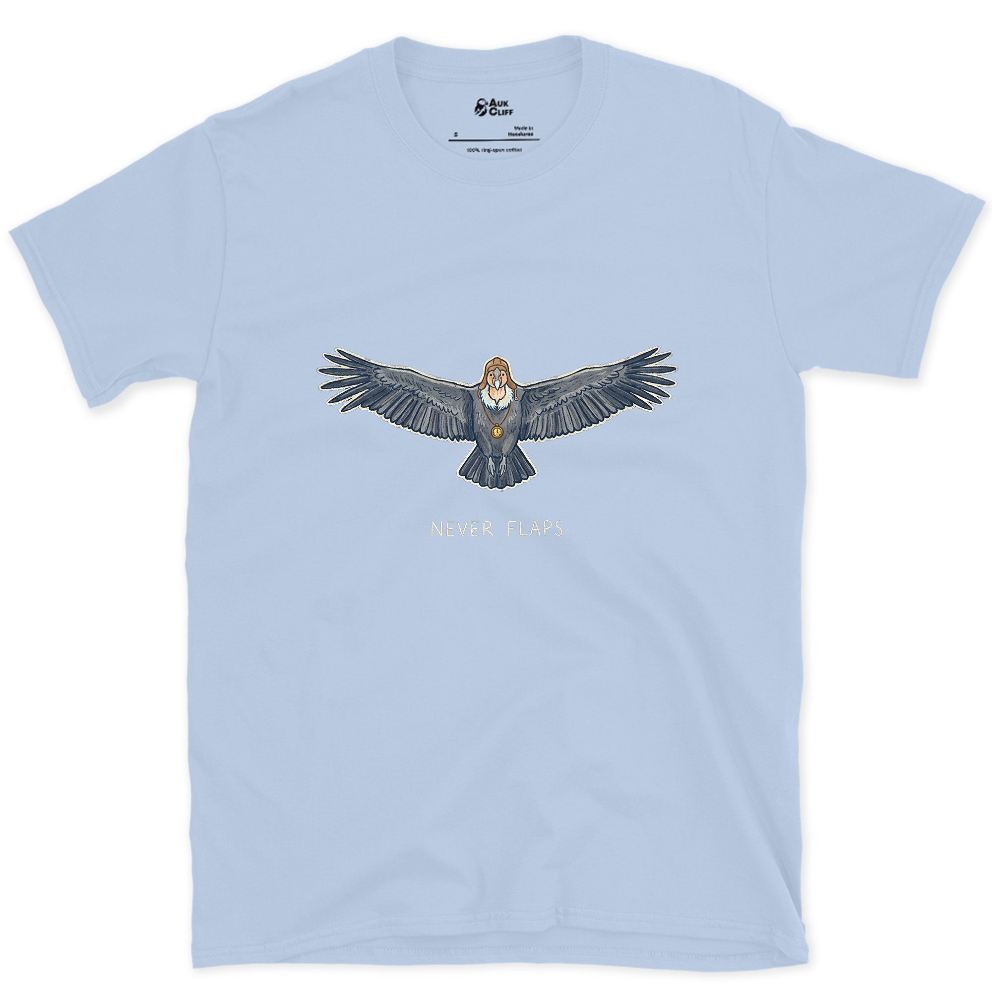 Never Flaps, High Country Condor on a Thermal design on a Light Blue Gildan Softstyle t-shirt