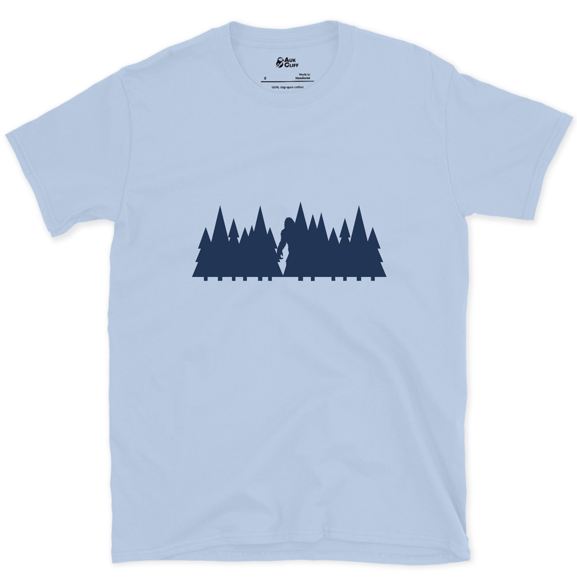 A Trailhead, Not a Story, Pine Cluster design on a Light Blue Gildan Softstyle t-shirt