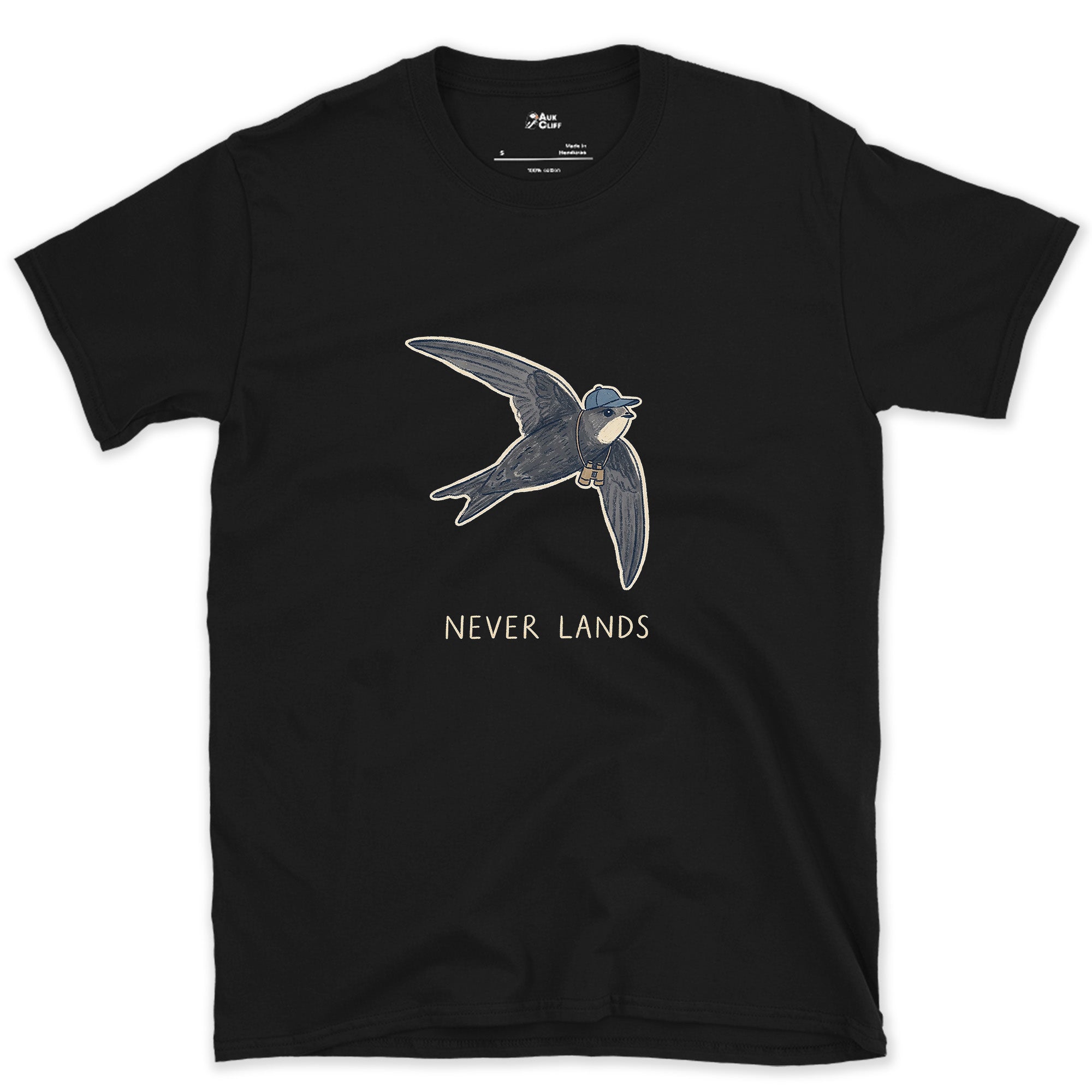 Never Lands, Swift With a Small Bag design on a Black Gildan Softstyle t-shirt