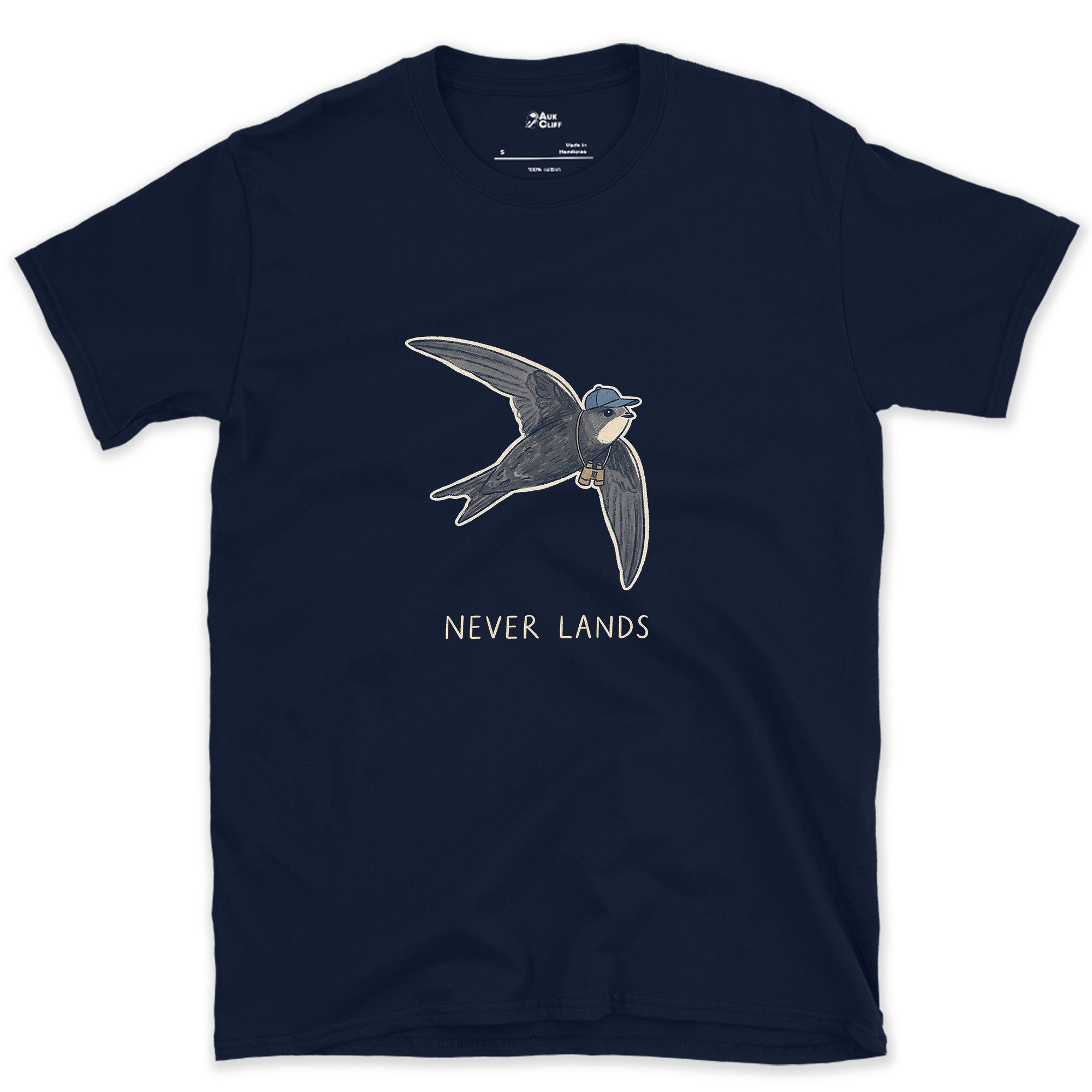Never Lands, Swift With a Small Bag design on a Navy Gildan Softstyle t-shirt