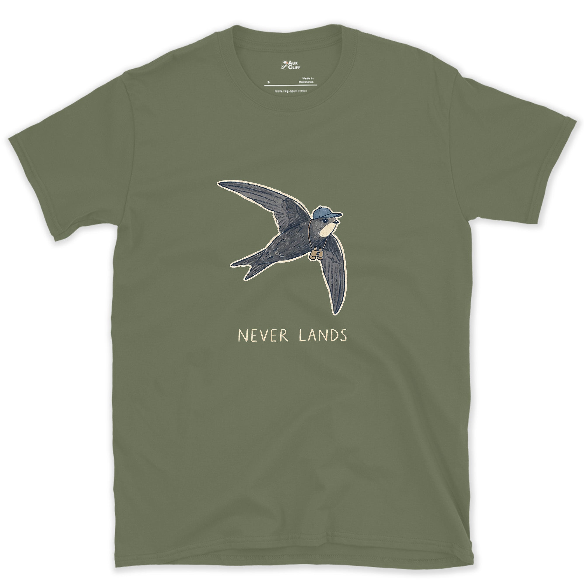 Never Lands, Swift With a Small Bag design on a Military Green Gildan Softstyle t-shirt