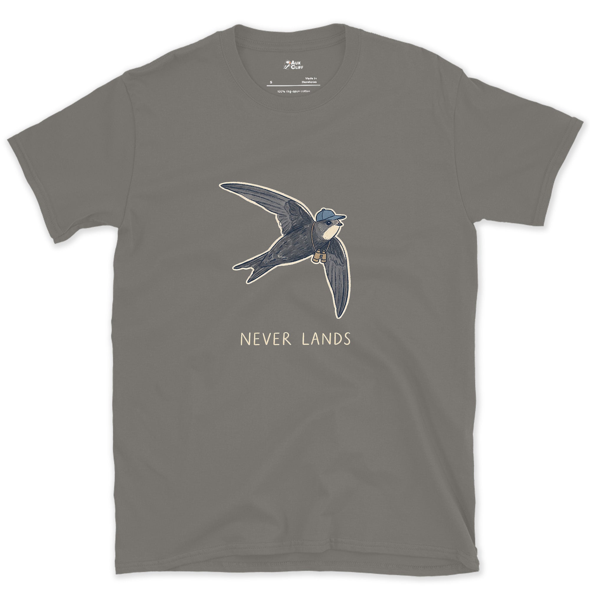 Never Lands, Swift With a Small Bag design on a Charcoal Gildan Softstyle t-shirt