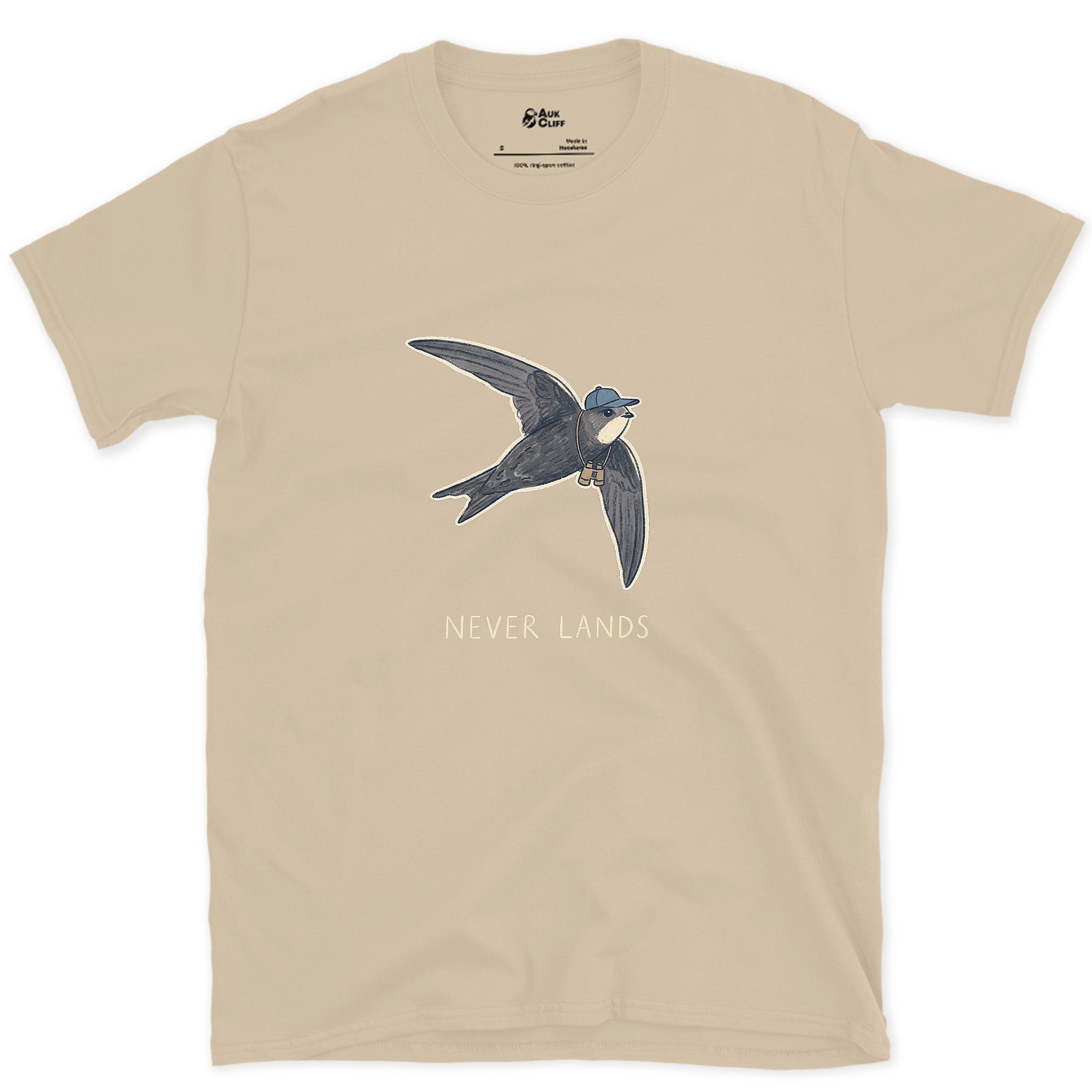 Never Lands, Swift With a Small Bag design on a Sand Gildan Softstyle t-shirt