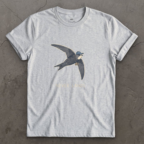 Never Lands, Swift With a Small Bag design on a Sport Grey Gildan Softstyle t-shirt