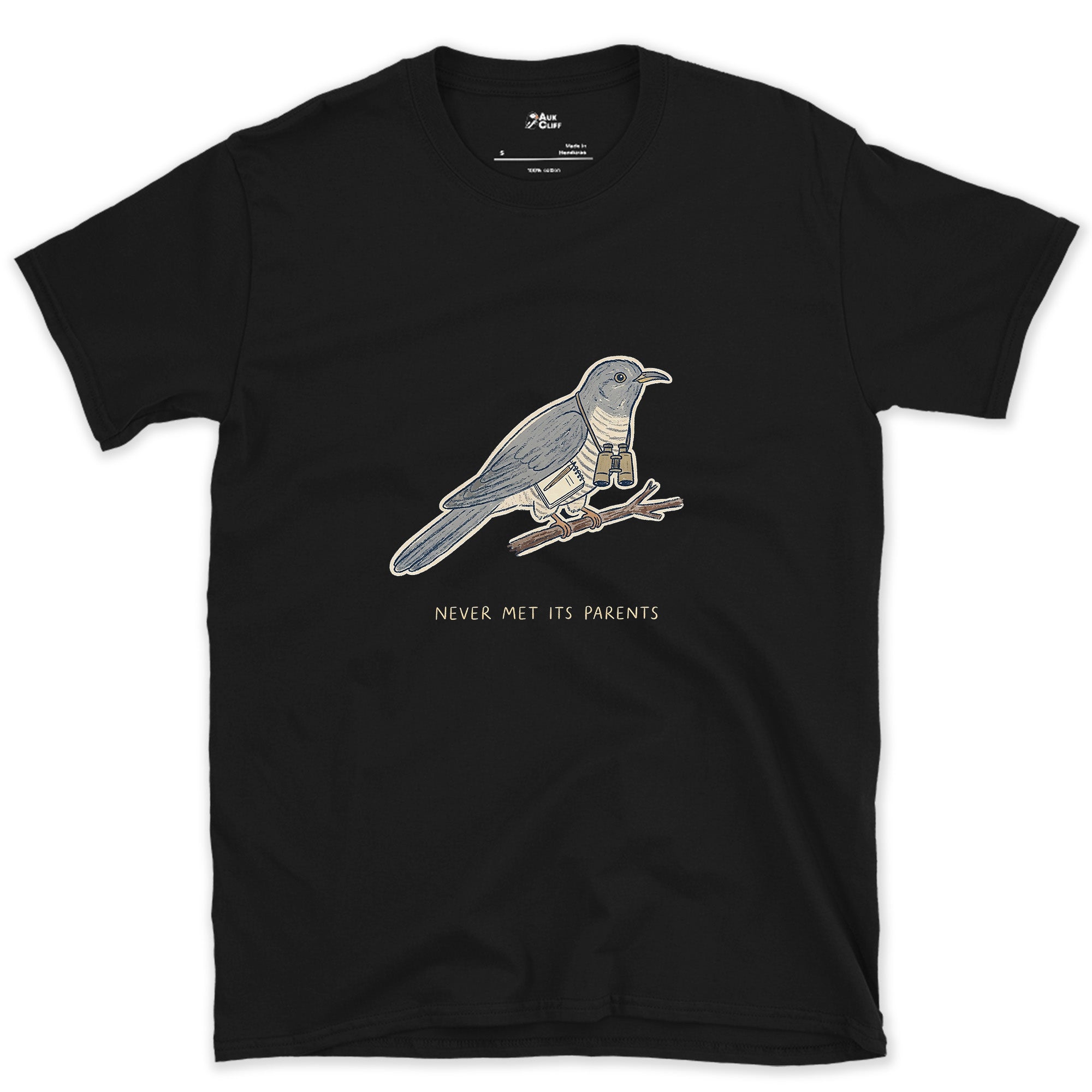 Never Met Its Parents, Cuckoo design on a Black Gildan Softstyle t-shirt